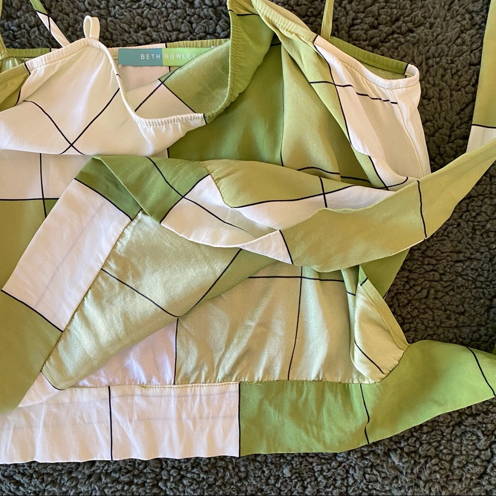 Silk Halter Crop Top Lime Green Print Plaid Summer Tube with Straps Y2K bow tie - Picture 6 of 11